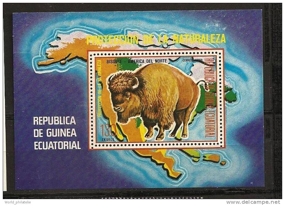 Guinée Equatoriale 1975 N° 1 BF Mi 271 ** Animaux, Carte D'amérique Du Nord, Bison, Protection De La Nature - Äquatorial-Guinea