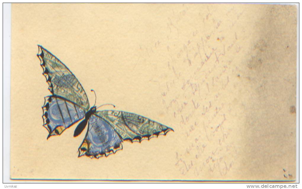 CARTE UNIQUE, élaborée Par L'expéditeur Avec Collage De Timbres-poste + Dessin à L'encre De Chine, Papillon, 1910/1920 ? - Insects