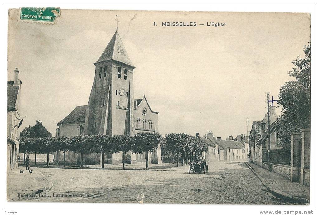 Cpa: 95 MOISSELLES (ar. Montmorency) L'Eglise (voiture, Tabac) 1911 N° 1 - Moisselles