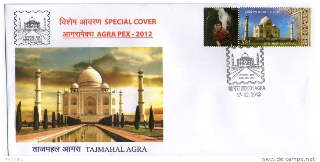 India 2012 Taj Mahal AGRAPEX-12 Architecture EMBOSSED Special Cover With MY STAMP ( Personalized Stamp) Inde Indien 6593 - Moschee E Sinagoghe