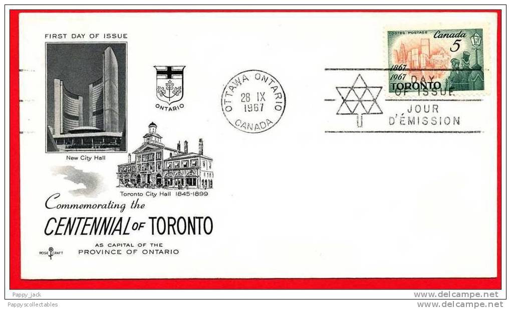 Canada FDC Rose Craft Centennial Torono Cachet OLD & NEW Toronto City Hall Ontario Crest - 1961-1970