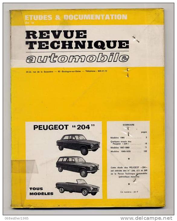 Revue Technique Auto RTA, PEUGEOT 204 Tous Modèles - Auto