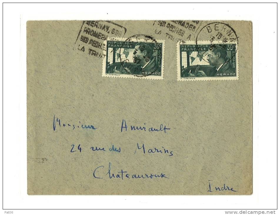 27   EURE    BERNAY     LSI - Tarif à 50c. (9.8.1926/11.7.1937)N°337 X 2  &ndash; 30c.  MERMOZ - Lettres & Documents