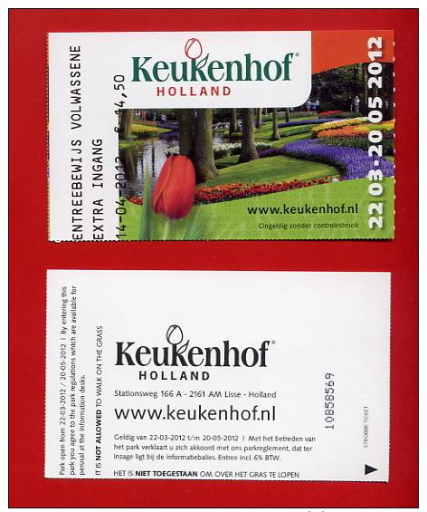 952 - Ticket D´entrée Pour Collection " KEUKENHOF " ( Adulte) ( Holland) - Tickets D'entrée