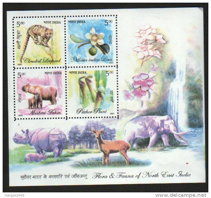 India 2005 RARE FAUNA OF NORTH EAST BLOC MINIATYRE SHEET  BAMBOO PLANT LEOPARD FLOWER ELEPHANT   # 008753 Inde Indien - Blocchi & Foglietti