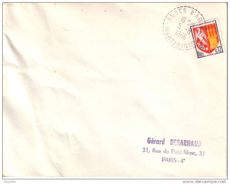 MARTINIQUE - ANSE D'ARLETS LE 5-8-1966 - LETTRE POUR LA FRANCE. - Manual Postmarks