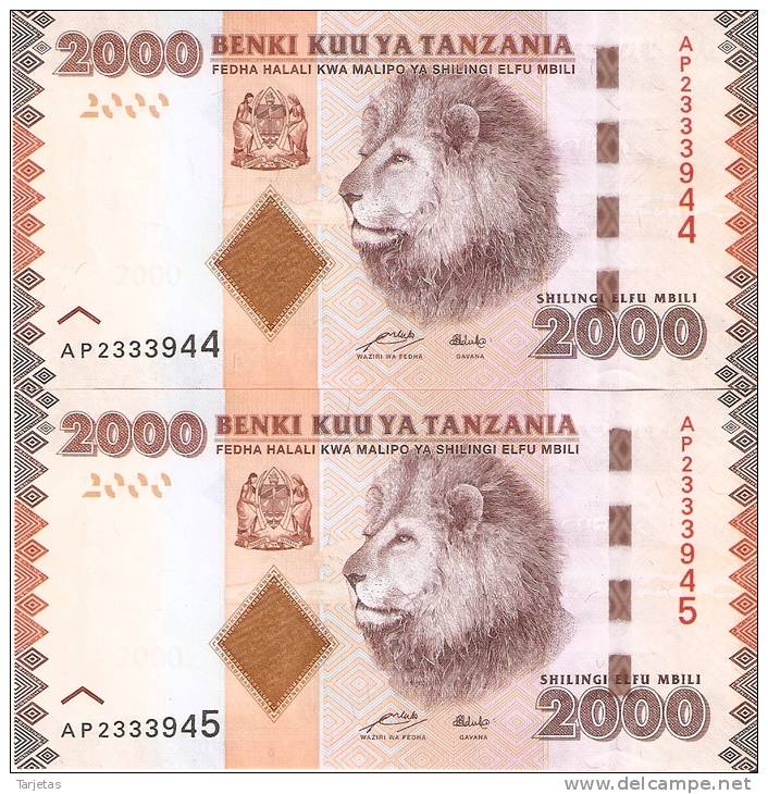 LOTE DE 2 BILLETES CORRELATIVOS DE TANZANIA DE 2000 SHILINGI DE UN LEON (LION) (BANKNOTE) NUEVOS SIN CIRCULAR - Tanzanie