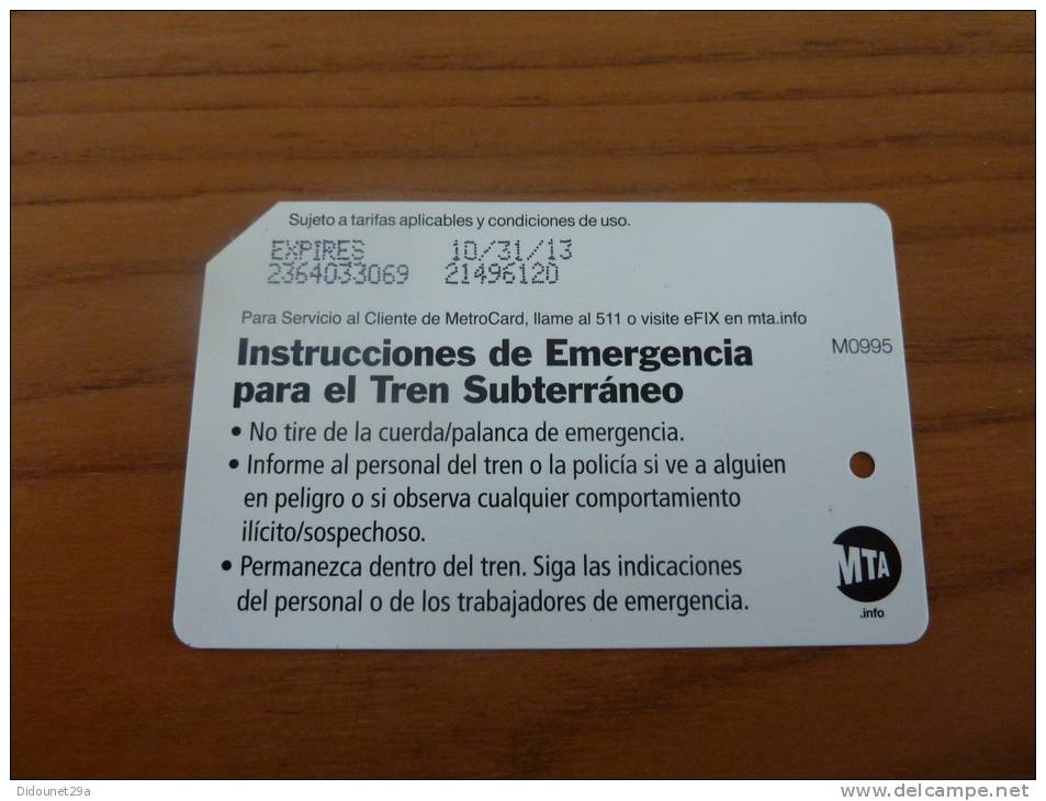 Ticket De Métro - Bus MTA "Metrocard / Instrucciones De Emergencia Para El Tren Subterraneo" New York Etats-Unis USA - Welt