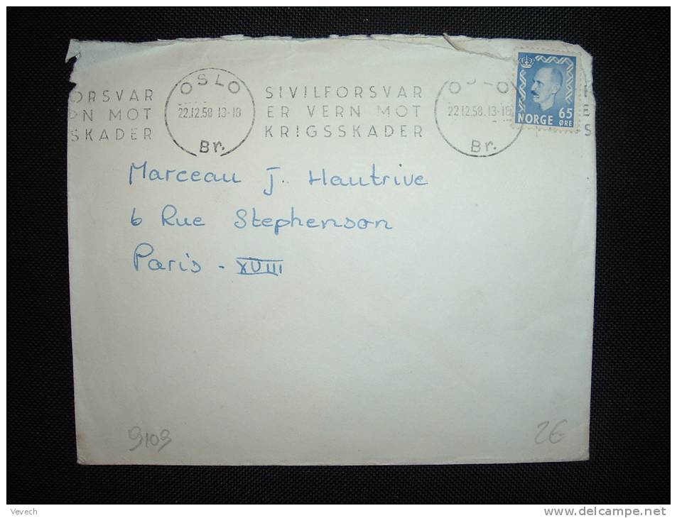 LETTRE POUR LA FRANCE TP 65 O OBL. MECA. 22-12-58 OSLO - Lettres & Documents