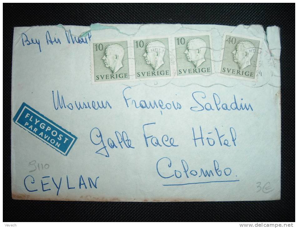 LETTRE PAR AVION POUR CEYLAN TP 40 + 10 X3 OBL. MECA. 9-8-54 STOCKHOLM BAN + ENTETE GRAND HOTEL + TRANSIT SUISSE - Covers & Documents