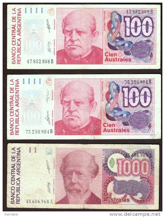 ® ARGENTINA: 100 Australes - Lote De 3 Billetes - Argentinien