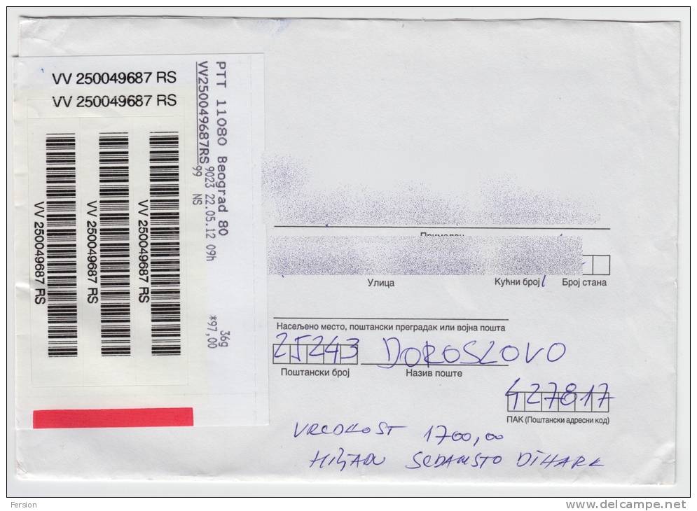 2012 - Serbia  - ATM Label - Registered Value Letter / Envelope - BEOGRAD - Serbien