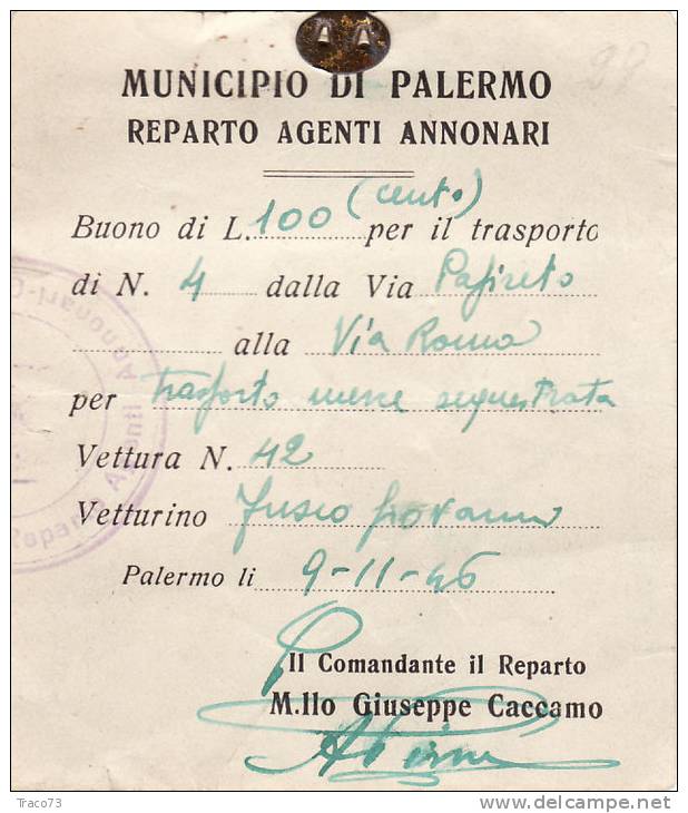 PALERMO /  Buono Di Lire 100 -  Reparto Agenti Annonari _  1946 - Altri & Non Classificati