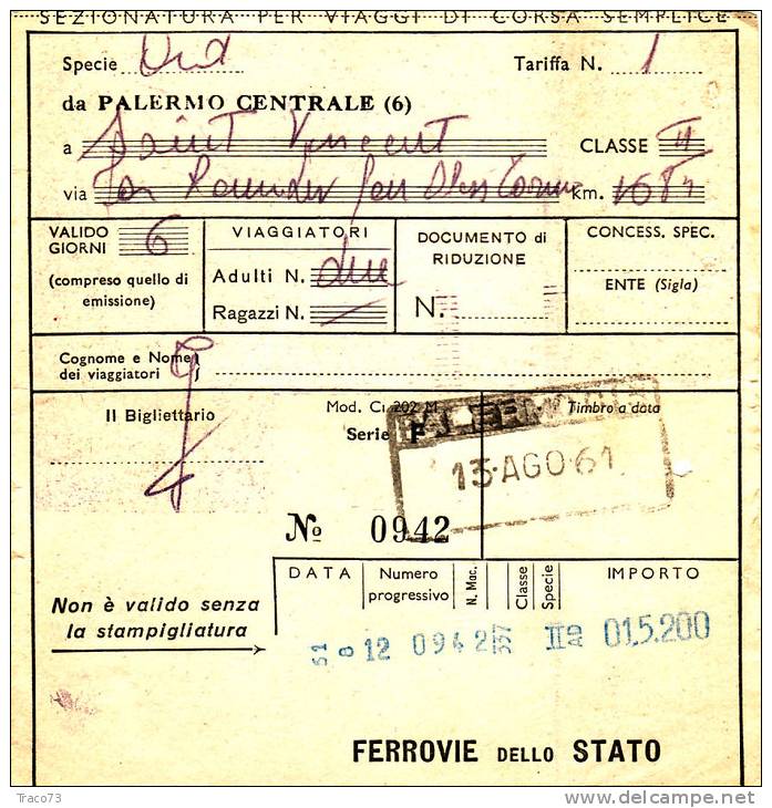 PALERMO /  SAN VINCENT -  Ticket _ Biglietto FF.SS.  - 1961 - Europe