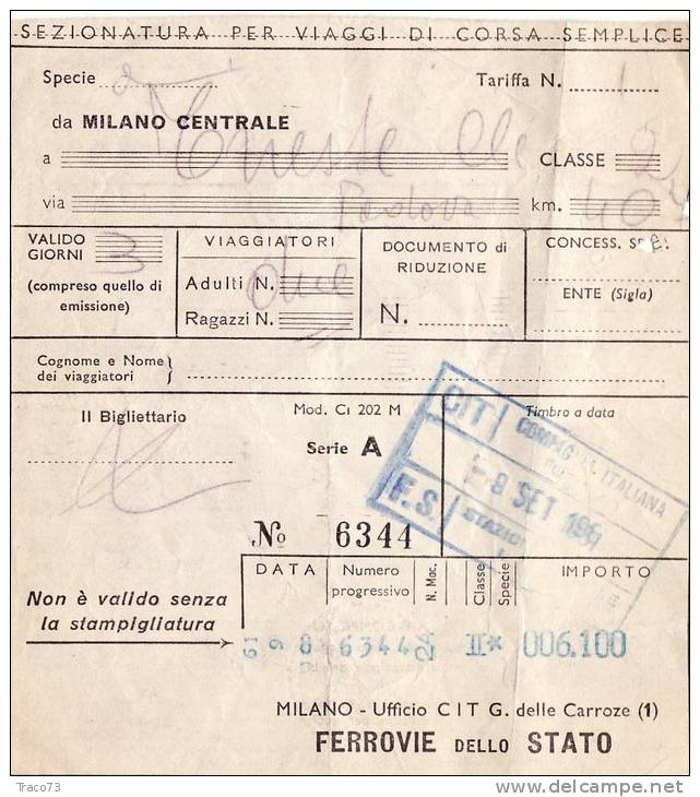 MILANO Centrale /  Trieste Centrale -   Ticket _ Biglietto FF.SS.  - 1961 - Europe