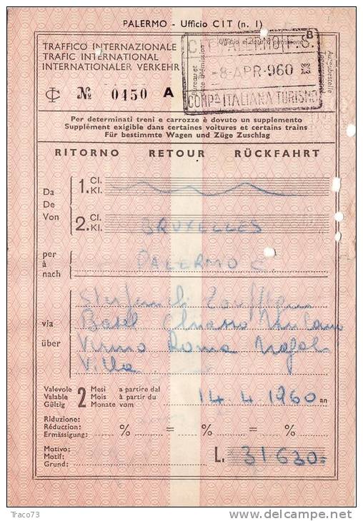 BRUXELLES /  PALERMO -   Ticket _ Biglietto   - 1960 - Europa