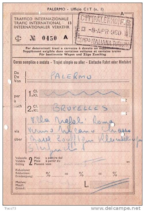 PALERMO / BRUXELLES  -   Ticket _ Biglietto   - 1960 - Europe