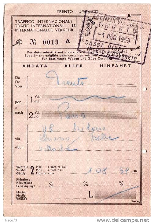 TRENTO / PARIGI  -   Ticket _ Biglietto   - 1959 - Europa