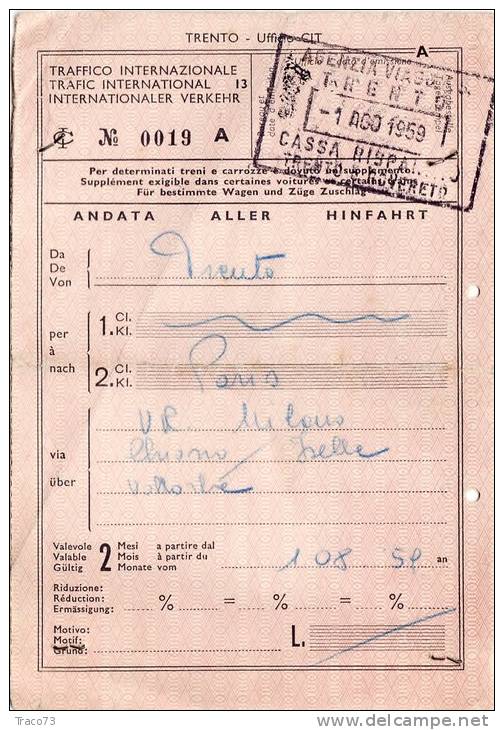 TRENTO / PARIGI  -   Ticket _ Biglietto   - 1959 - Europe