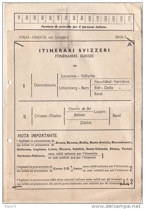 TRENTO / PARIGI  -   Ticket _ Biglietto   - 1959 - Europa