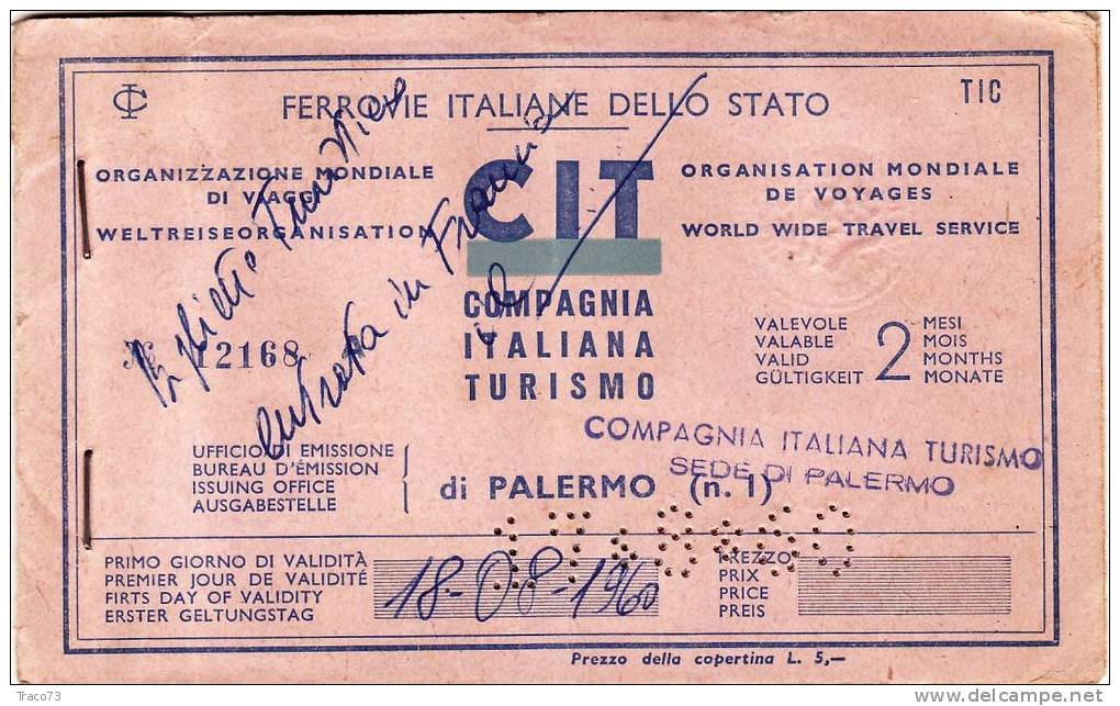 PALERMO /  MODANE  -  Ticket _ Biglietto   - 1960 - Annullo Data " PERFIN " - Europe