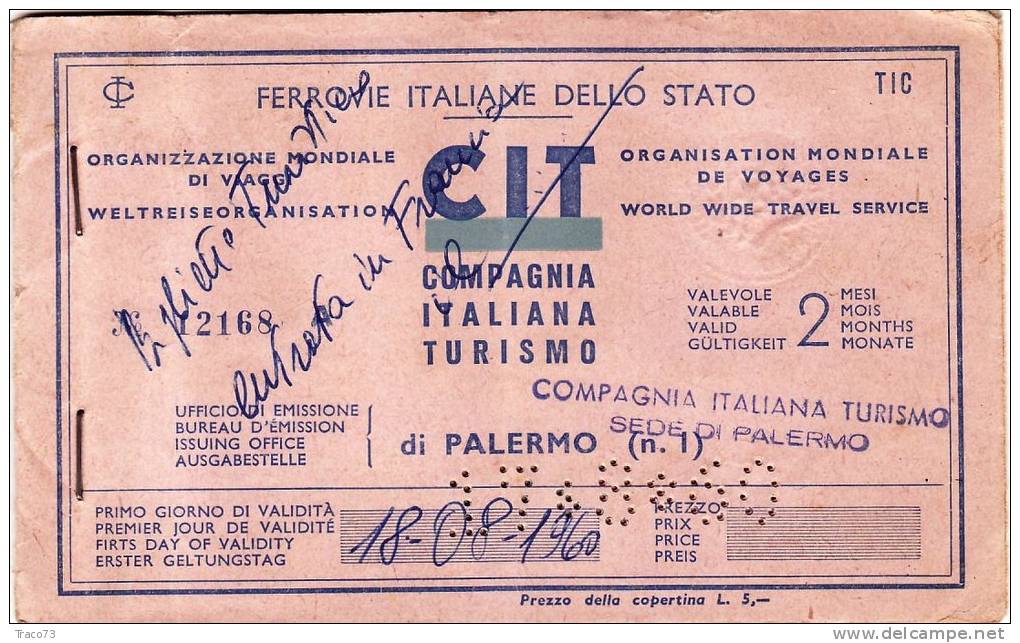 PALERMO /  MODANE  -  Ticket _ Biglietto   - 1960 - Annullo Data " PERFIN " - Europa