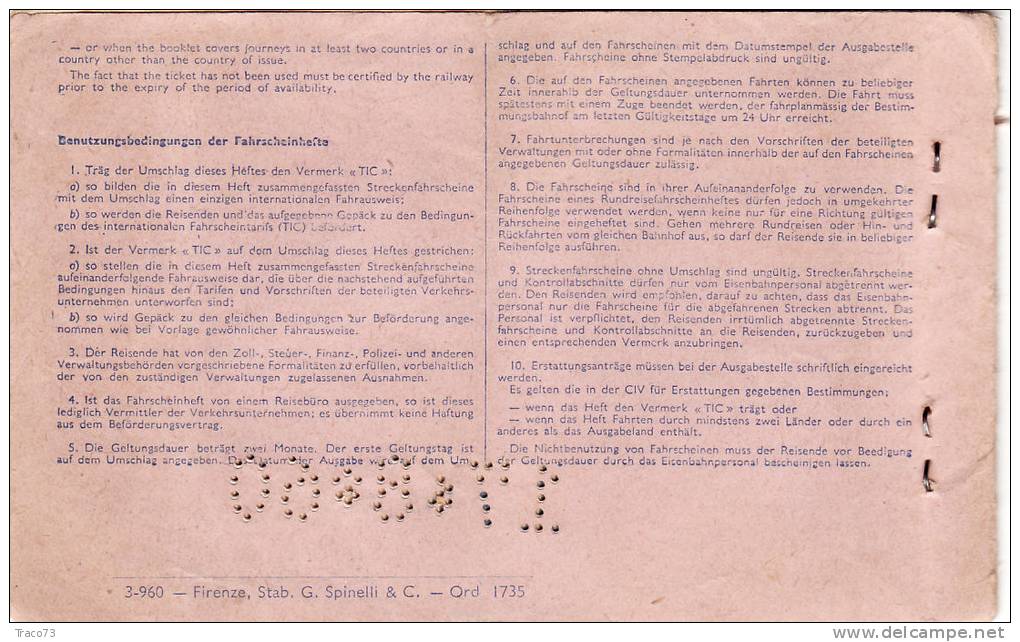PALERMO /  MODANE  -  Ticket _ Biglietto   - 1960 - Annullo Data " PERFIN " - Europe