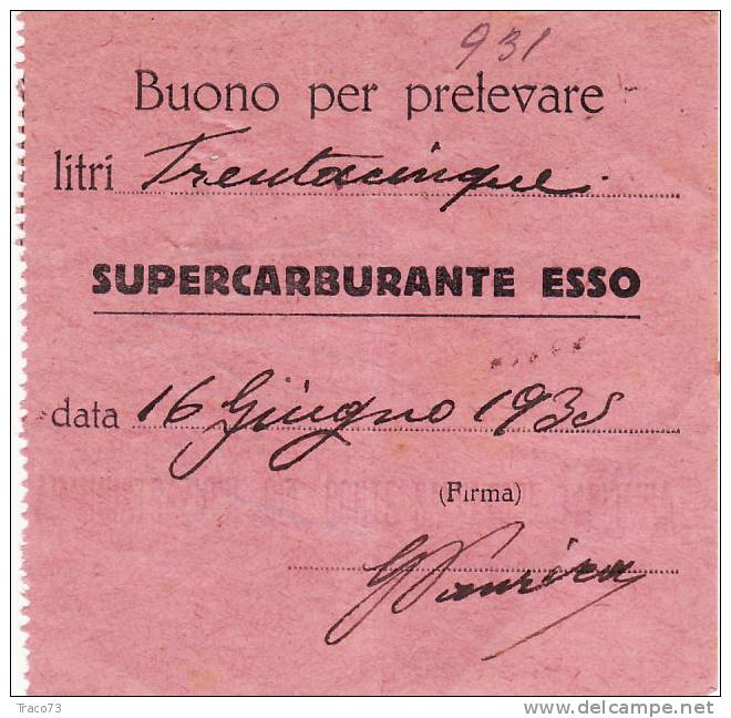 BUONO  PER PRELEVARE 35 LITRI DI SUPERCARBURANTE ESSO - 1935 - Other & Unclassified