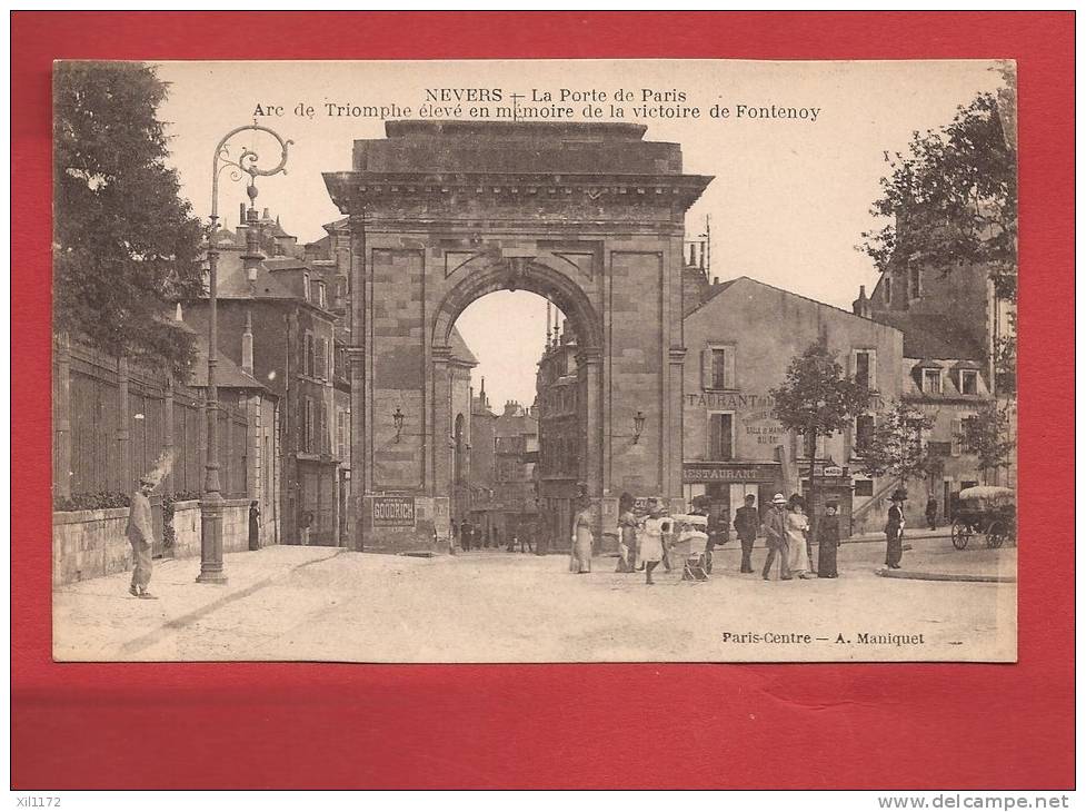 Q0554 Nevers La Porte De Paris, Arc De Triomphe,  Restaurant, Attelage,TRES ANIME. Maniquet A. Non Circulé - Nevers