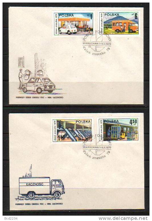 POLAND FDC 1979 STAMP DAY - PROGRESS IN POLISH POSTAL SERVICES Postman Cars Trains Van Sorting Office Delivery Transport - FDC