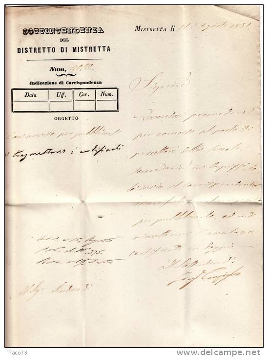 MISTRETTA / ALIMENA - 11.08.1851_ Ovale " SOTTINTENDENZA DEL DISTRETTO DI MISTRETTA + MISTRETTA +REAL SERVIZIO + Altro " - 1. ...-1850 Prefilatelia