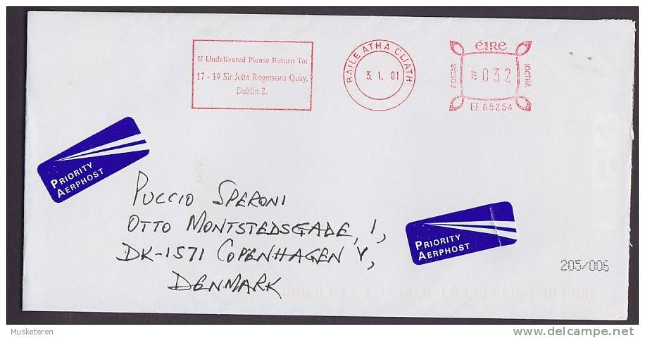 Ireland Priority Aerphost Labels BAILE ATHA CLIATH 2001 Meter Stamp Cover To Denmark - Luchtpost