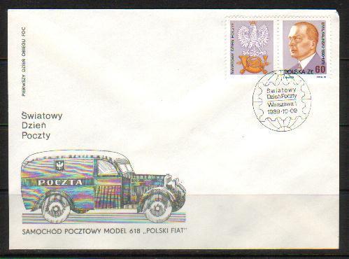 POLAND FDC 1989 WORLD POST OFFICE PHILATELIC STAMP DAY Postal Van Vehicles Transport Cars - FDC