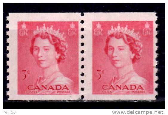 Canada 1953 3 Cent Queen Elizabeth II Karsh Coil Issue #332 Pair - Roulettes