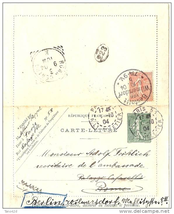 REF LACHSEM - CL SEMEUSE LIGNEE 15c  DATE 404 PARIS/ROME 1/10/1904 REDIRIGEE SUR BERLIN - Cartes-lettres