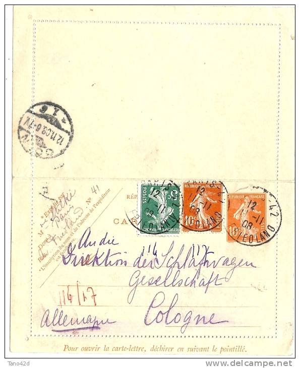 REF LACHSEM - CL SEMEUSE CAMEE 10c DATE 829 PARIS/COLOGNE 11/11/1908 - Kaartbrieven