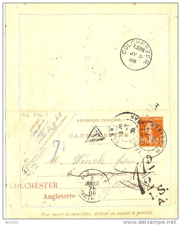 REF LACHSEM - CL SEMEUSE CAMEE 10c DATE 804 VANNES/PARIS1/7/1908 REDIRIGEE SUR COLCHESTER TAXEE - Cartoline-lettere