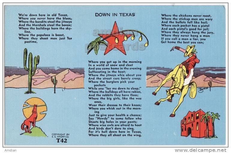 DOWN In TEXAS~POEM VERSE Illustrated Linen Postcard C1940s~COWBOY-COYOTTE~TX  [c4067] - Autres & Non Classés