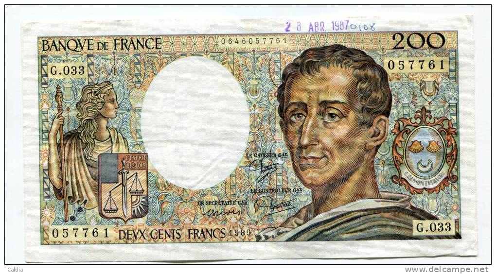 P France 200 Francs "" MONTESQUIEU "" 1985 # 2 - 200 F 1981-1994 ''Montesquieu''