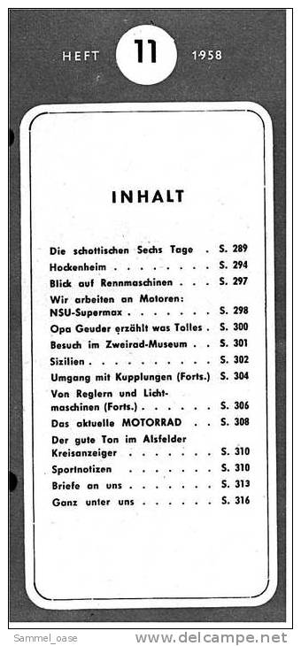 Zeitschrift  "Das Motorrad" 11 / 1958 Mit : NSU Supermax - Blick Auf Rennmaschinen - Cars & Transportation
