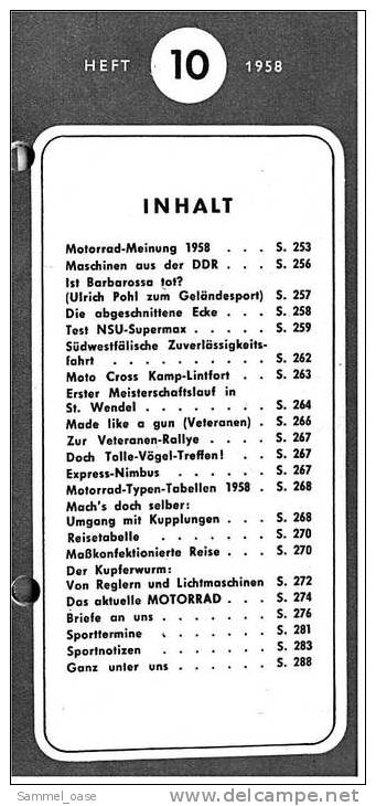 Zeitschrift  "Das Motorrad" 10 / 1958 Mit : Test NSU Supermax - Deutsche Motorräder 1958 Typentabellen - Cars & Transportation