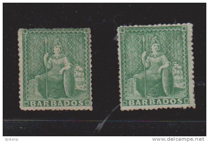 Barbados 1861 Brittania 1d Green - 2 Unused Examples (MNG) - Barbados (...-1966)