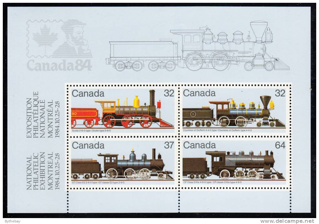 Canada MNH Scott #1039a Souvenir Sheet Of 4 Trains ´Double Brake Arms´ On 37c, 64c  - Canada 84 Nat´l Philatelic Exhib - Plaatfouten En Curiosa