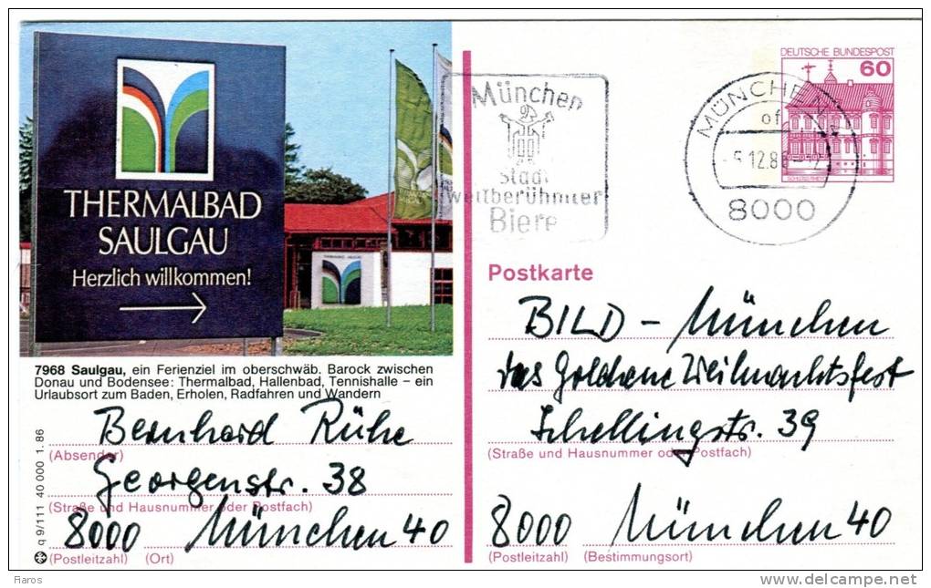 Germany(West)-Postal Stationery Illustrated- "Saulgau, Ein Ferienziel Im Oberschwab. Barock Zwischen" (posted) - Geïllustreerde Postkaarten - Gebruikt