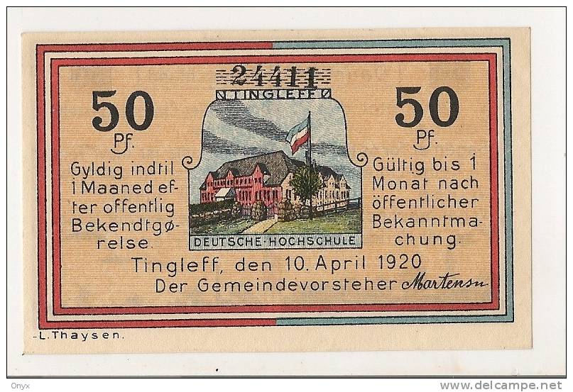 DANEMARK / TINGLEFF / 50 PFENNIG 1920 - Dinamarca