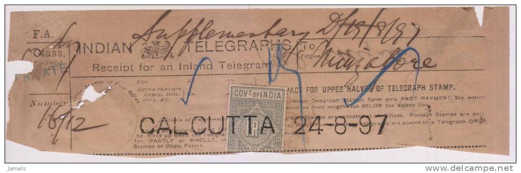 Br India Queen Victoria Telegraph Receipt 1897, Private Overprint, Calcutta To Mangalore, India Condition As Scan - 1882-1901 Empire