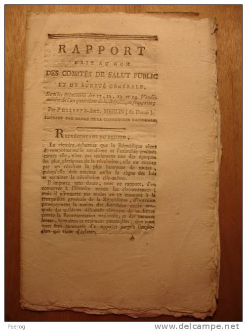 RAPPORT PAR PHILIPPE ANTOINE MERLIN De 1795 SUR LES EVENEMENTS DES 11, 12, 13 & 14 VENDEMIAIRE AN IV - CLERMONT AMBERT - Decreti & Leggi