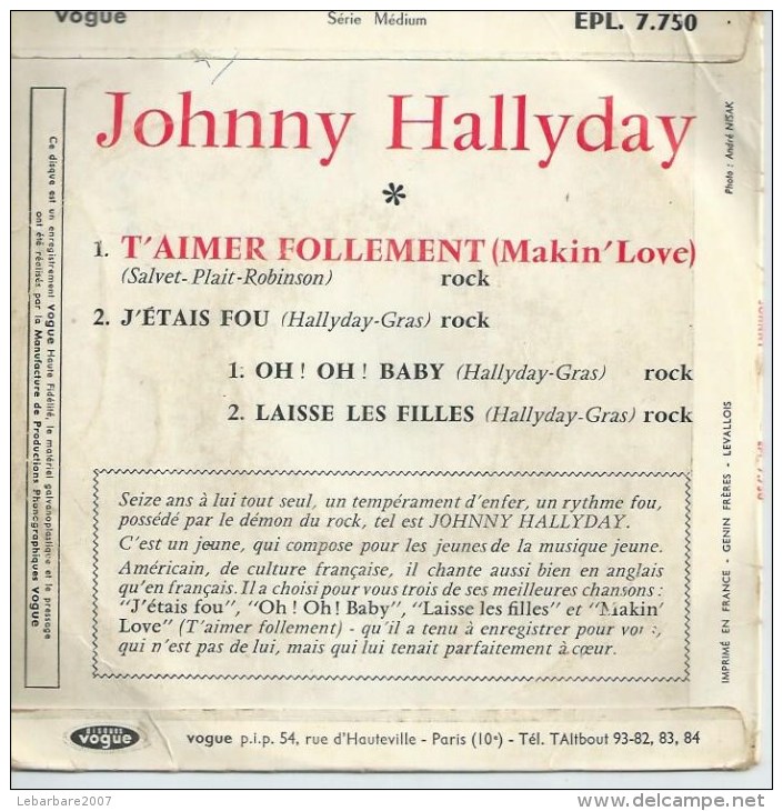 45 Tours EP - JOHNNY HALLYDAY -  VOGUE 7750 - " T'AIMER FOLLEMENT " + 3 - Andere - Franstalig