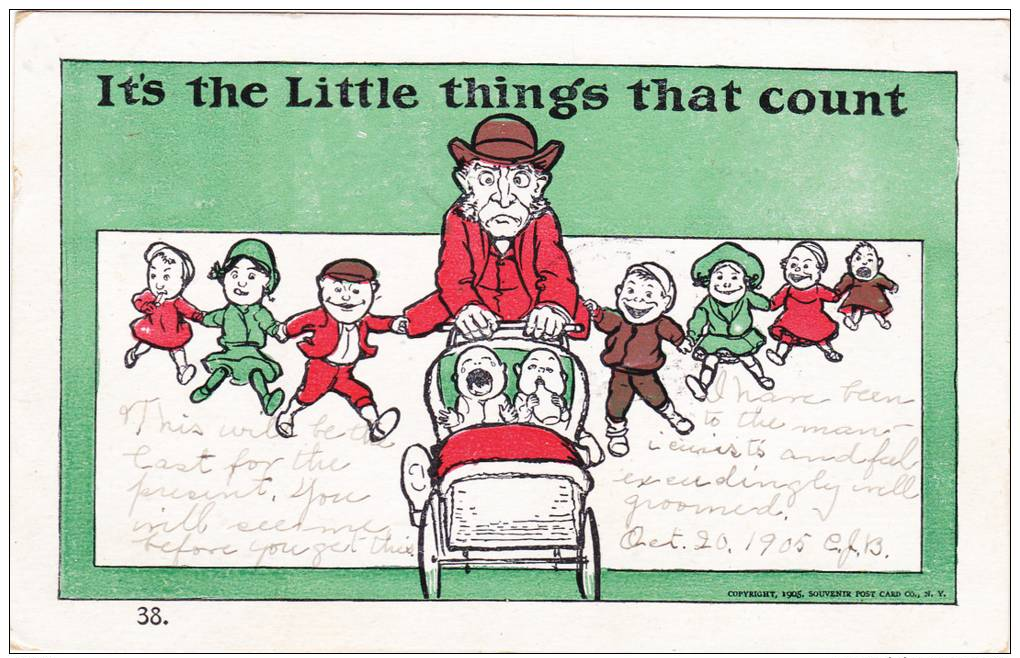 It's The Little Things That Count, Frustrated Father With All 7 Toddlers And 2 Babies In Carriage, PU-1905 - Humour