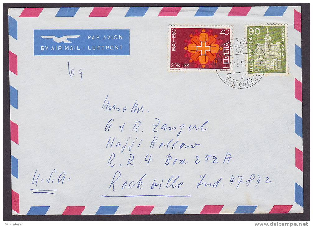 ## Switzerland Airmail Par Avion Luftpost ZÜRICH Zürichberg 1983 Cover Lettre To ROCKVILLE Indiana USA - Autres & Non Classés